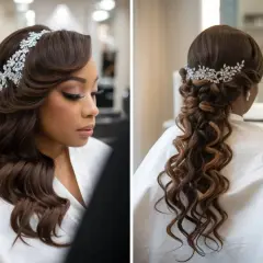Coiffure mariage cheveux long noir, ondulés et ornés d'un diadème scintillant. Une tresse lâche descend dans le dos, mettant en valeur la longueur et la couleur des cheveux.