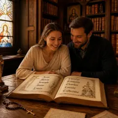 Couple souriant feuilletant un livre ancien de prénoms de baptême, entourés de livres et de vitraux.
