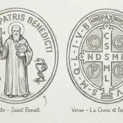 Dessin d'une médaille de Saint Benoît, recto avec le saint et verso avec la croix. Idéal pour faire bénir un bijou protecteur.