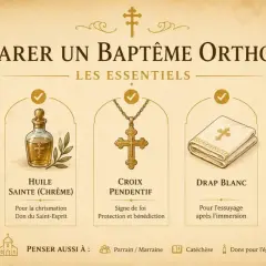 Préparer un baptême orthodoxe : bougie, huile sainte, croix, drap blanc et tenue de baptême.