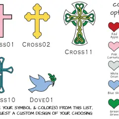 Symboles de baptême : croix, colombe, et options de couleurs pour un cadeau de parrain marraine.