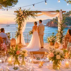 Un mariage en bord de mer, un couple sous une arche fleurie, des invités assis, une table dressée. L'élégance mariage au coucher du soleil.