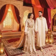 Un couple rayonnant lors d'un mariage arabe, entouré de décorations somptueuses et de lanternes dorées.