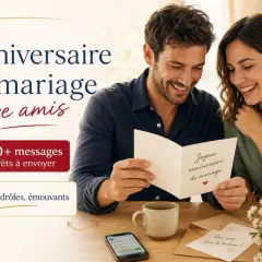 Un couple souriant lit une carte d'anniversaire de mariage. Le texte "Anniversaire de mariage entre amis" et "50+ messages prêts à envoyer" est visible.