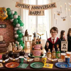 Une fête d'anniversaire Harry Potter avec une arche de ballons, un gâteau et des décorations magiques. Une idée déco avec ballon à gonfler pour un monde enchanté.