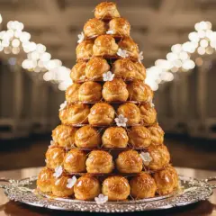 Un magnifique croquembouche, parfait pour un baptême, avec sa musique sucrée de caramel et ses petites fleurs.