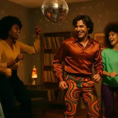 Quatre amis s'amusent lors d'une **soirée année 80**, dansant sous une boule disco. Ambiance festive garantie !