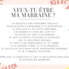 Une carte ornée de fleurs roses et de feuilles roses et beiges, avec le texte "Veux-tu être ma marraine ?" et une lettre exprimant le désir de devenir marraine.