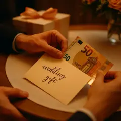 Une main insère un billet de 50 euros dans une carte "wedding gift". La question de combien donner à un mariage est au cœur de cette scène.