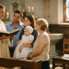 Cérémonie de baptême. Le prêtre lit, les parents tiennent leur bébé. La marraine absente est pensée.