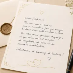 Carte de vœux de mariage pour son mari, avec une plume et un sceau de cire.