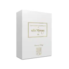 Boîte blanche pour des flûtes à champagne personnalisées mariage, avec inscription dorée "Les flûtes à champagne de notre mariage" et blason de la Mairie de Venizy.