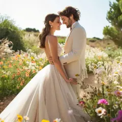 Un jeune couple s'embrasse tendrement, entouré de fleurs sauvages. Un doux mariage dans son jardin, sous le soleil éclatant.