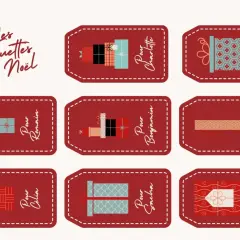 Des étiquettes de Noël personnalisées à imprimer, ornées de cadeaux stylisés et de noms pour chaque destinataire.