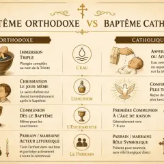 Comparaison des rites du baptême orthodoxe et catholique. Un témoin de baptême est présent dans les deux traditions.