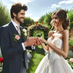 Un couple échange ses vœux lors d'une cérémonie de mariage en plein air, entouré de fleurs. Une belle citation mariage.