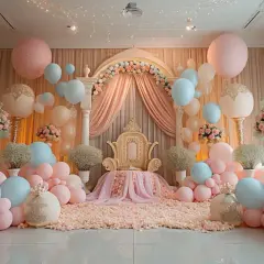 Décoration de baptême fille originale : trône doré, ballons roses et bleus, fleurs. Une scène féerique pour un événement inoubliable.