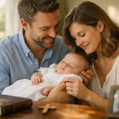 Un couple souriant tient leur bébé endormi, habillé en blanc. Un livre et une croix sont sur la table, suggérant un baptême. Le père est le parrain.