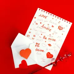 Une feuille blanche ornée de mots d'amour et de cœurs rouges, sortant d'une enveloppe. Un texte touchant pour son parrain.