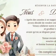 Illustration d'un couple souriant, prêt pour leur mariage. Invitation à célébrer leur union, pour le meilleur et pour le pire, avec une note humoristique sur le gâteau.