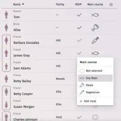 Liste invités mariage : Tom (marié), Alisa (mariée), Barbara Gonzalez, James Gray, Sam Adams, Betty Bailey, Betty Cooper, Susan Morgan, Charles Johnson. Choix du plat pour James Gray : "Sea Bass".