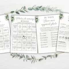 Jeux pour mariage à imprimer : Bingo "Trouve des personnes qui", "Photos de mariage Bingo", "Je vois avec mon appareil photo" et "La Sagesse du mariage".