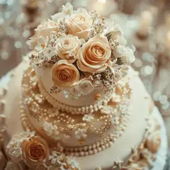 Un magnifique gâteau de mariage à trois étages, orné de roses crème et de perles dorées, évoquant une douce musique.