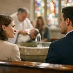 Un couple observe le baptême de leur enfant. La question "peut on être marraine sans être baptisé" flotte dans l'air.