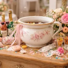 Un pot de chambre mariage décoré de fleurs roses et de rubans, entouré de bonbons, macarons et de bouteilles de champagne.