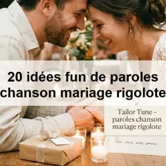Un couple rit, entouré de bougies. Le texte suggère des idées de paroles de chanson mariage rigolote pour un moment inoubliable.