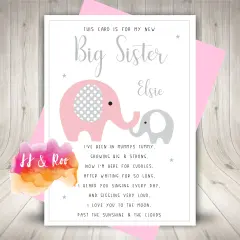 Carte pour une nouvelle grande sœur avec des éléphants roses et gris, et le texte "Elsie".