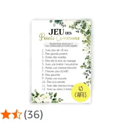 Carte de jeu "Jeu des Points Communs" pour un mariage, avec une liste de critères pour trouver des ressemblances entre les invités.