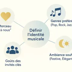 Schéma pour définir l'identité musicale d'une playlist mariage pour danser : morceau à nous, genres, invités, ambiance.