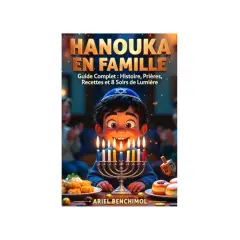 Un garçon joyeux célèbre Hanouka, entouré de lumières et de mets. Ce livre explore l'origine de Hanouka, ses traditions et recettes familiales.