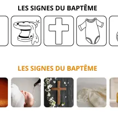 Illustrations et photos des symboles du baptême : bougie, bénitier, croix, vêtement blanc, flacon d'eau bénite.
