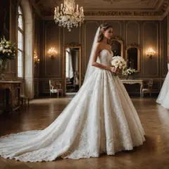 Une mariée rêveuse dans une somptueuse robe, entourée de magnifiques robes de mariée. Un aperçu pour vous aider à comment choisir sa robe de mariée.