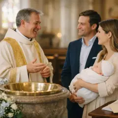 Un prêtre souriant discute avec les parents d'un bébé emmailloté, près d'une vasque baptismale. Une scène émouvante pour le prix bapteme eglise.