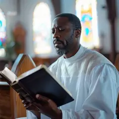 Un homme en robe blanche lit un livre dans une église, peut-être en se renseignant sur les conditions du baptême catholique.