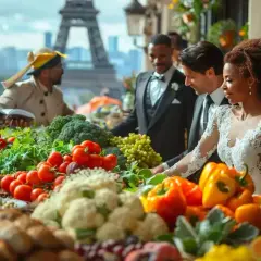 Un couple rayonnant devant la Tour Eiffel, entouré de fruits et légumes frais. Un beau symbole de leur mariage avec un étranger, célébrant la diversité et l'abondance.