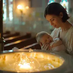 Une marraine tient un bébé endormi près des fonts baptismaux. Le moment est solennel, comme un discours marraine bapteme.