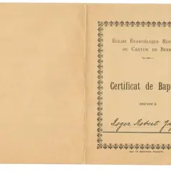 Certificat de baptême de l'Église Évangélique Réformée du Canton de Berne, délivré à Roger Robert Jafner.