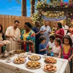 Famille réunie pour la fete de l'Aid, partageant thé et pâtisseries sous une arche décorée de fleurs.
