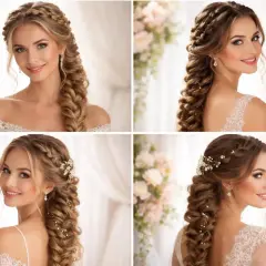 Jolie mariée avec une demi tresse élaborée, ornée de perles et de fleurs, prête pour son grand jour.