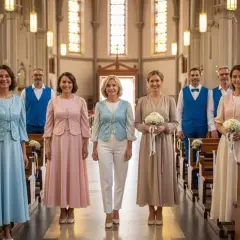 Des femmes en robes pastel et des hommes en gilets bleus dans une église. Idées pour comment s'habiller pour une communion.