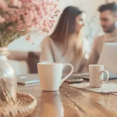 Un couple discute devant un ordinateur portable, entouré de tasses et de fleurs roses. Ils planifient leur préparatif mariage.