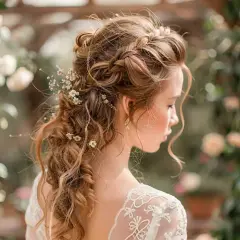 Une mariée avec une demi queue de mariage tressée, ornée de petites fleurs, et une robe en dentelle, dans un décor floral romantique.