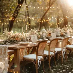 Table dressée pour un mariage champêtre, avec des fleurs, des bougies et des guirlandes lumineuses dans un décor naturel.