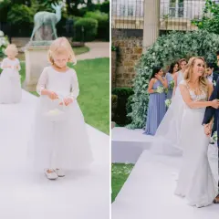 Petites filles en robe blanche ouvrent le cortege mariage, suivies par les mariés.