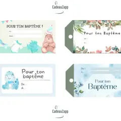 Quatre étiquettes baptême gratuites à imprimer avec des motifs d'oursons, de dinosaures et de fleurs.