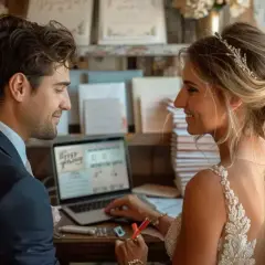 Un jeune couple, mariés, travaille sur un ordinateur pour finaliser le design de leur livret de messe de mariage.